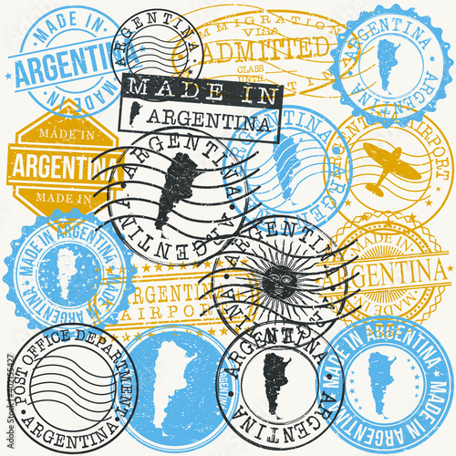 Argentina Set of Stamps. Travel Passport Stamp. Made In Product. Design Seals Old Style Insignia. Icon Clip Art Vector.