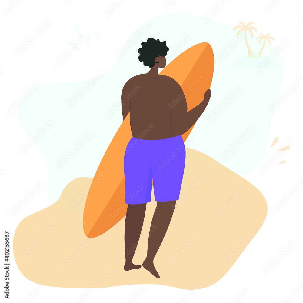 Guy is holding a surfboard on the beach. Back view of going surfer. Summer african character with a view to the sea with palm. Beach activity, sea sport. Colorful flat vector illustration.