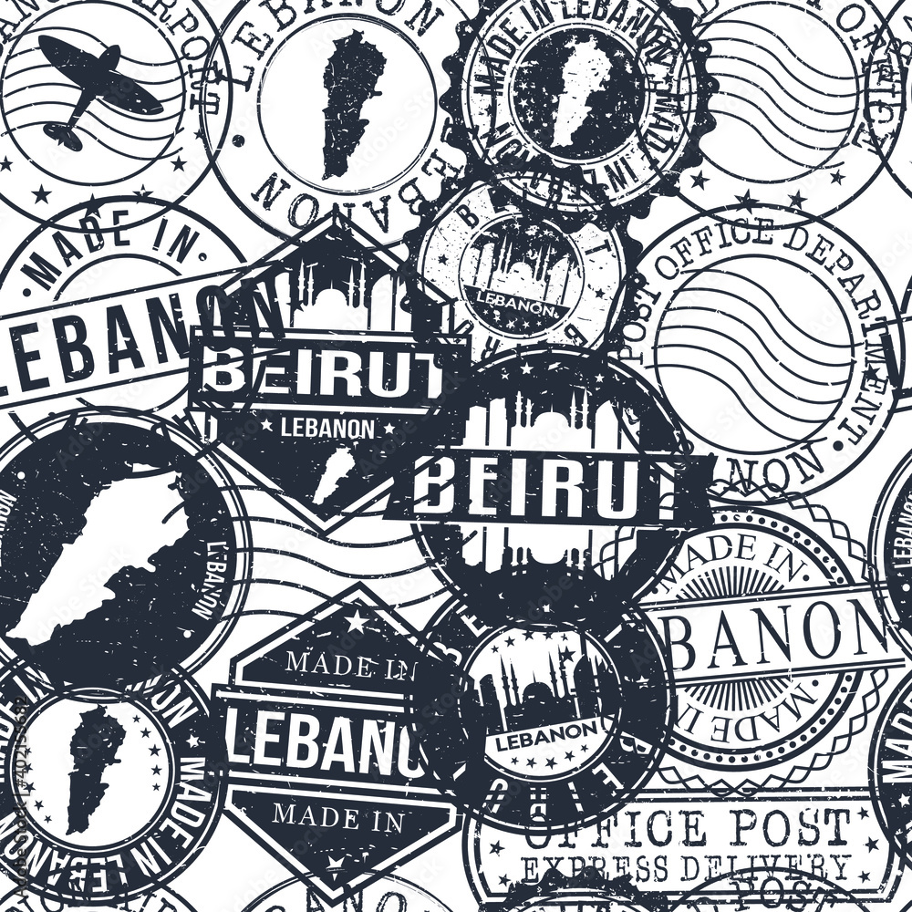 Naklejka premium Beirut Lebanon Stamps Background. City Stamp Vector Art. Postal Passport Travel. Design Set Pattern.