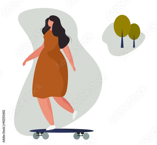 Girl riding skateboard at skatepark. Active young woman Character riding on longboard in city park with trees. Healthy lifestyle concept. Flat Vector Illustration.