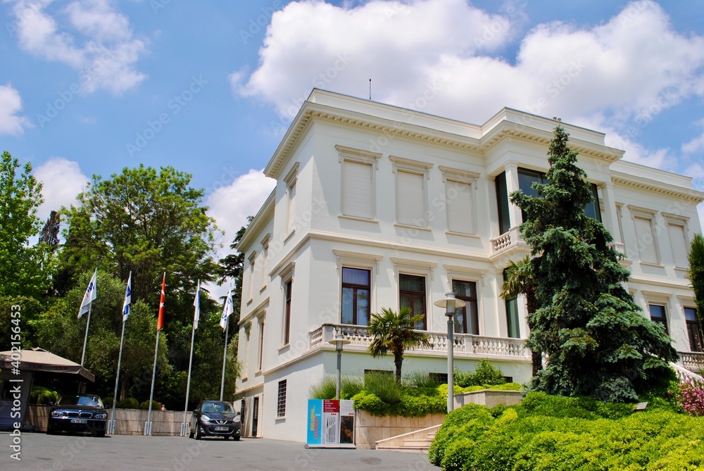 Emirgan Istanbul Turkey. The exterior of Sabanci Museum, a beautiful white building on the coast of the Straits of Bosphorus, is a private fine arts museum in Istanbul Turkey.