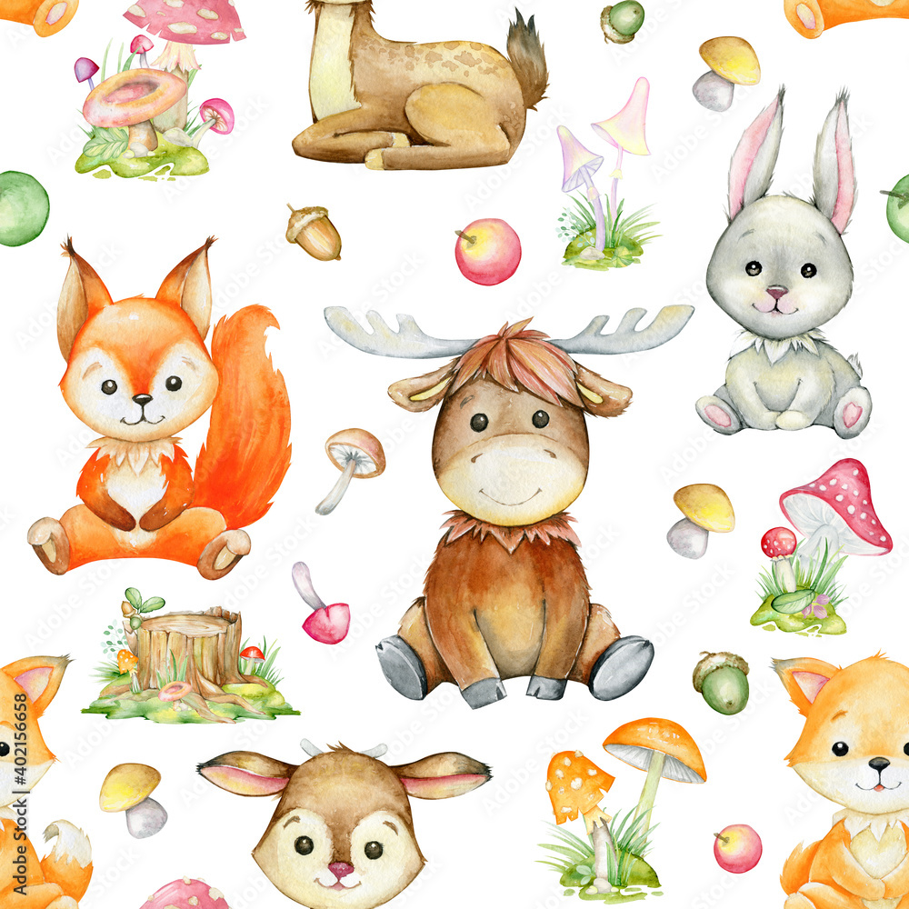 forest, animals, elk, hare, squirrel, Fox, deer, cartoon style, on a white background. watercolor, seamless pattern