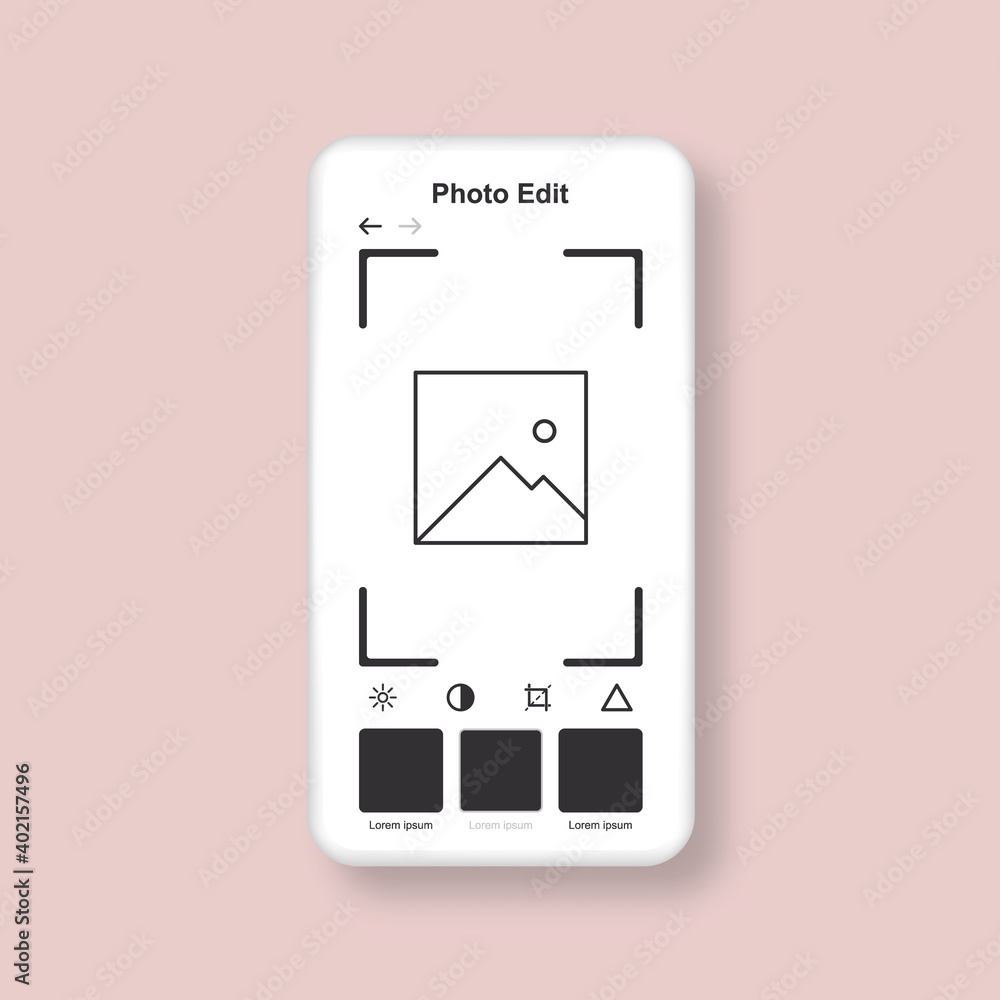 Template of photo editor. Smartphone interface mockup with mobile app for edit photo. Vector Template of photo editor. Smartphone interface mockup with mobile app for edit photo. Vector