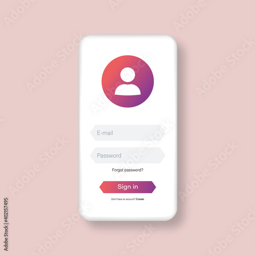 Registration form page on white smartphone mockup. Empty login page for app. Vector