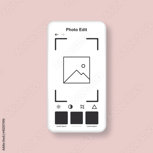 Template of photo editor. Smartphone interface mockup with mobile app for edit photo. Vector