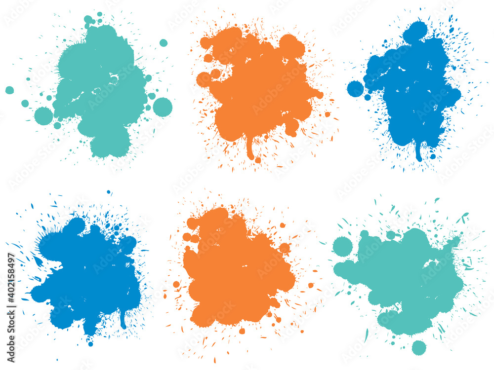 Vector collection of artistic grungy paint drop, hand made creative splash or splatter stroke set isolated white background. Abstract grunge dirty stains group, education or graphic art decoration Vector collection of artistic grungy paint drop, hand made creative splash or splatter stroke set isolated white background. Abstract grunge dirty stains group, education or graphic art decoration