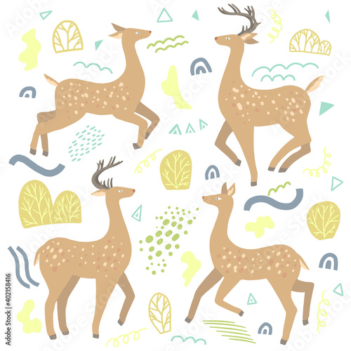 Cute dappled deer flat hand drawn vector illustrations. Colorful collection in scandinavian style. Abstract winter animal. Simple element set for design, print, wrapping, decor, card, sticker, banner.