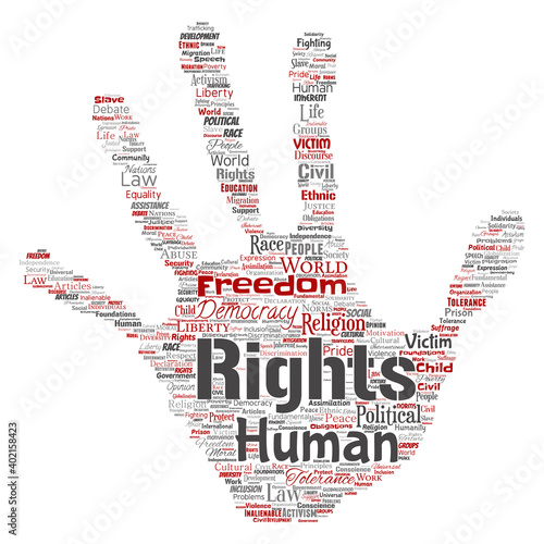 Vector conceptual human rights political freedom, democracy hand print stamp word cloud isolated background. Collage of humanity tolerance, law principles, people justice or discrimination concept