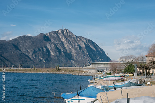 Village of Bissone on the shores of Lake Ceresio near Lugano. Canton Ticino. Switzerland