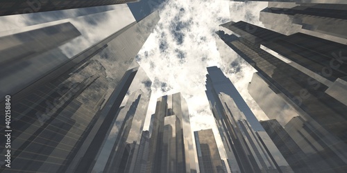 Skyscrapers against the sky ,, high-rise buildings at sunset, cityscape with skyscrapers, 3D rendering