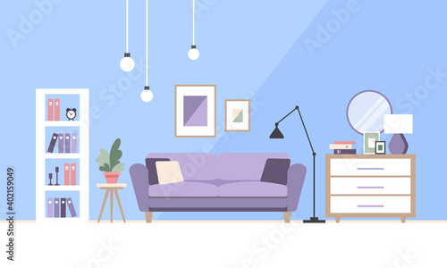 Scandinavian living room interior. Sofa, bookcase, indoor plant, lamp, picture. Vector illustration in flat style