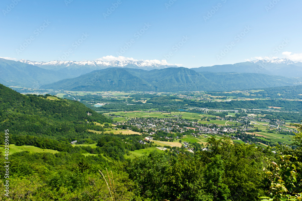 Aix-les-Bains and Lac du Bourget from the viewpoint on Mont Revard, Savoie, Rhone-Alps, France