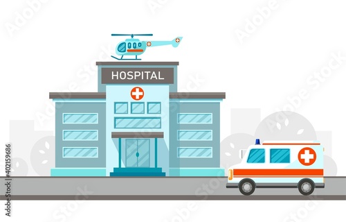 Fototapeta Naklejka Na Ścianę i Meble -  City hospital building with ambulance car and helicopter in flat design. Medical concept. Vector illustration. Design for infographic resources, background, landing page