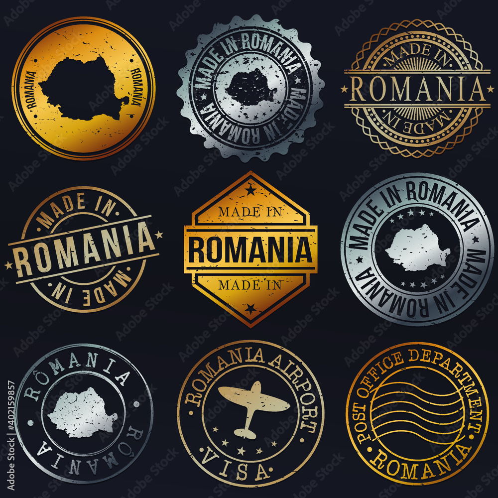 Romania Map Metal Stamps. Gold Made In Product Seal. National Logo Icon. Symbol Design Insignia Country. Romania Map Metal Stamps. Gold Made In Product Seal. National Logo Icon. Symbol Design Insignia Country.