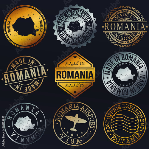 Romania Map Metal Stamps. Gold Made In Product Seal. National Logo Icon. Symbol Design Insignia Country.