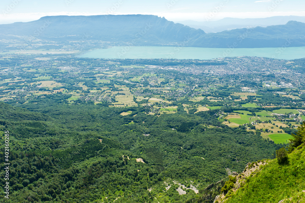 Aix-les-Bains and Lac du Bourget from the viewpoint on Mont Revard, Savoie, Rhone-Alps, France
