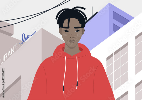 Gen z lifestyle portrait, a young male Black character wearing a hoodie, urban life, and youth subcultures