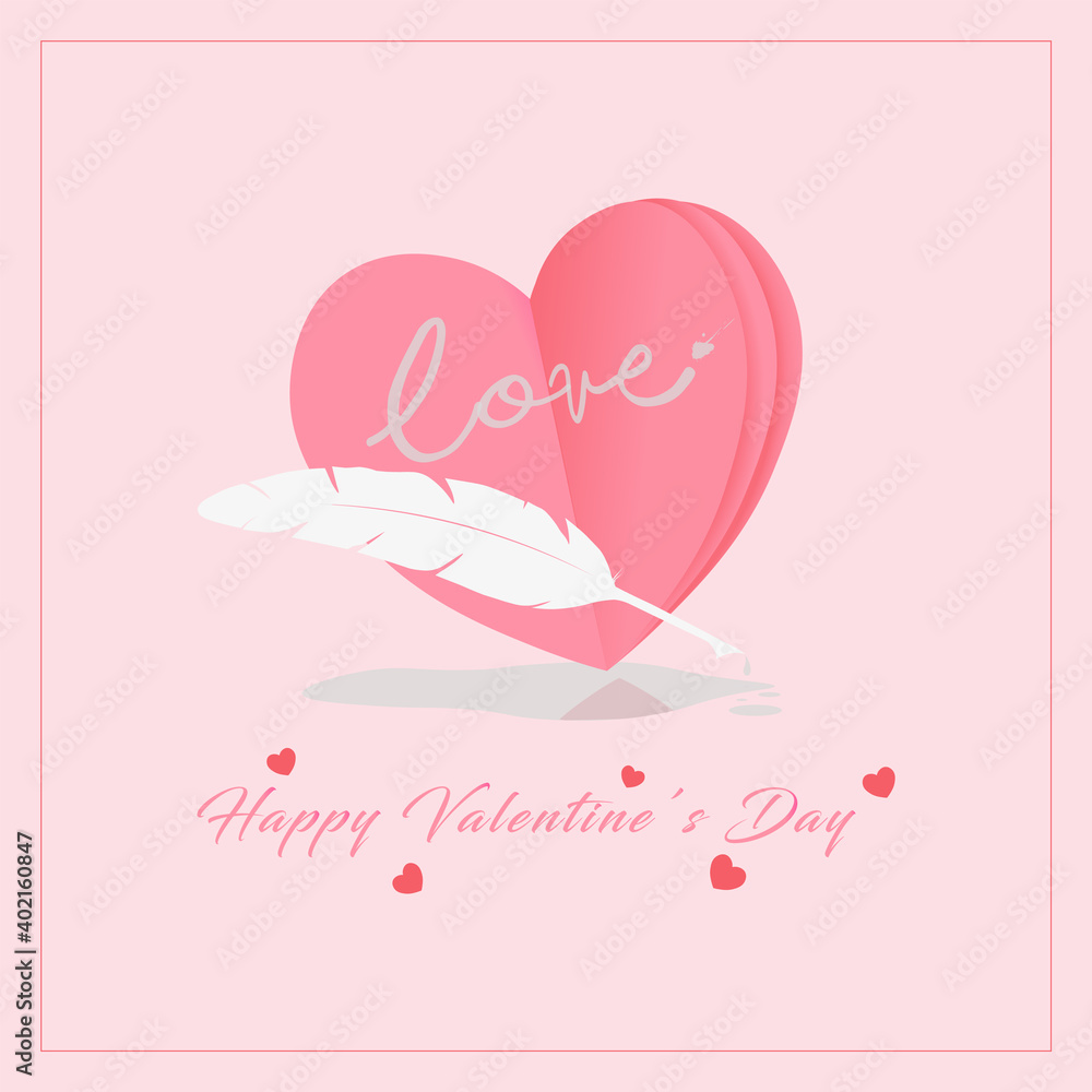 Valentine's Day concept. 3d heart,feather and ink with pink background. Vector illustration.