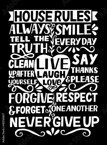 Hand lettering quote House Rules with words Live, laugh, love on black background