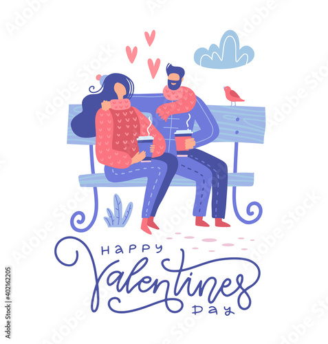Cute romantic couple sitting on a bench in the park and dringing coffee, spring lovely scene. Valentine's day greeting card. Flat vector illustration. © LanaSham