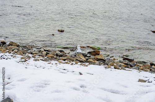 A real handmade snowman on a snowy beach