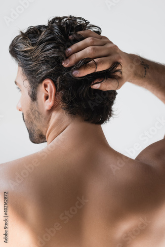Back view of shirtless man with hand near head isolated on grey