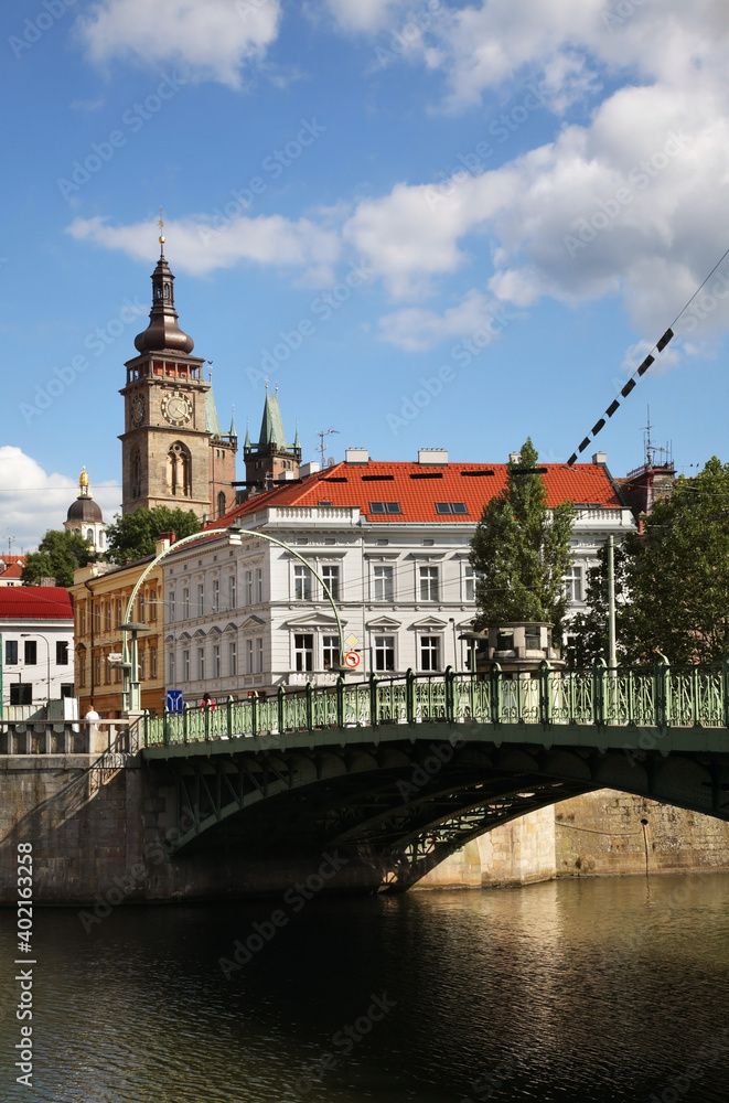 White tower and bridge over Elbe river in Hradec Kralove. Czech Republic