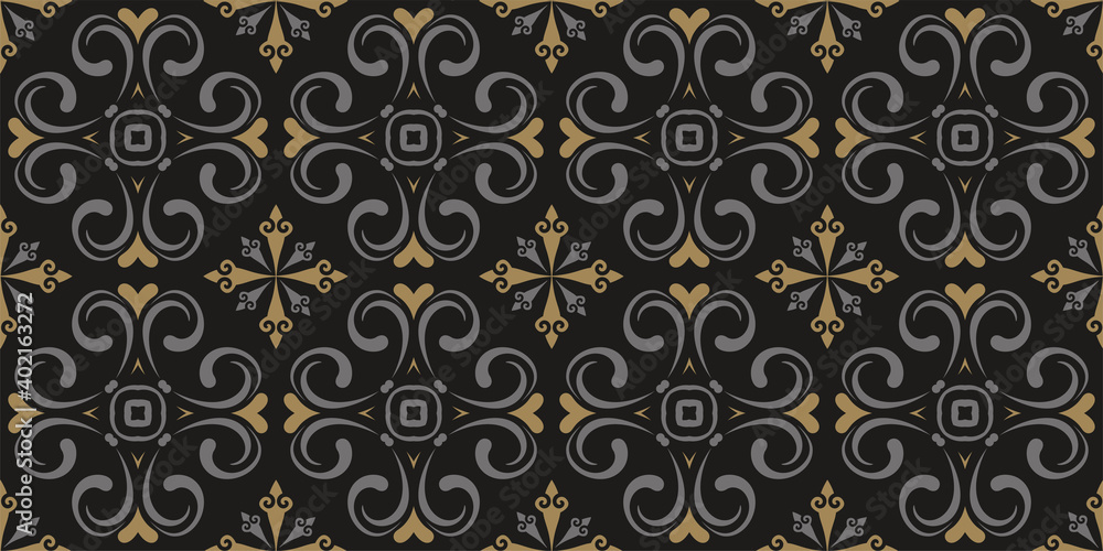 Decorative floral pattern in gold and gray colors on a black background. Seamless wallpaper texture. Vector illustration for design. 