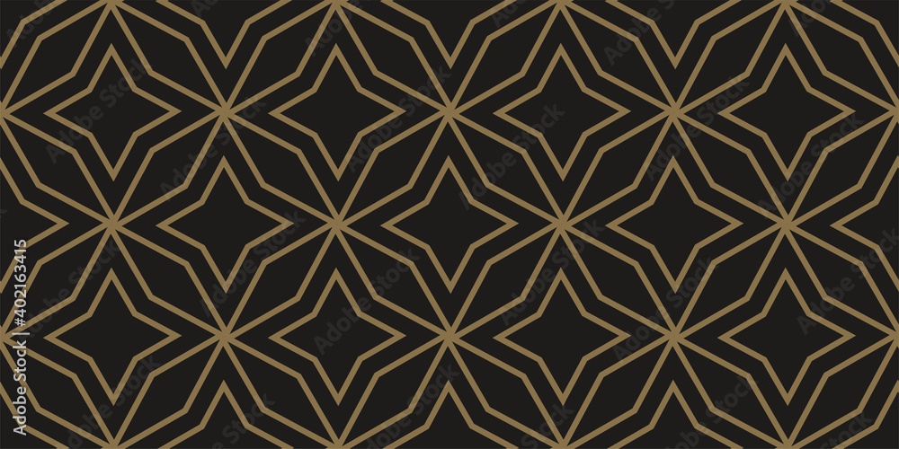 Gold geometric ornament on a black background. Seamless wallpaper texture. Vector background image