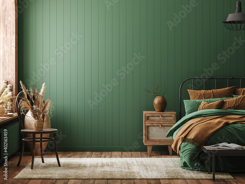 Mockup frame in bedroom interior background, farmhouse style, 3d render