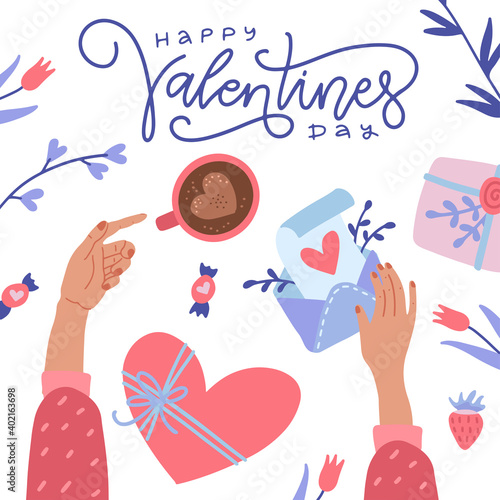 Happy Valentine's Day greeting card. Twofemale hands holding coffee and love letter envelope. Top view of desk. Flat cartoon colorful vector illustration for Invitation, greetings, posters, banner.