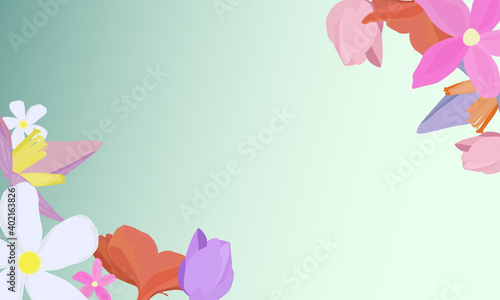 Tropical flowers around an empty space.  Elegant backdrop decorated with foliage of exotic jungle plants. The natural frame or border
