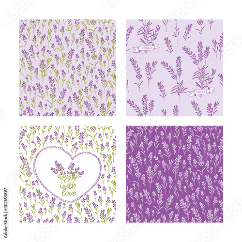 Set of cute floral seamless patterns. Brushes of lavender flowers for textile, wallpapers, gift wrap, covers and scrapbook. Vector.