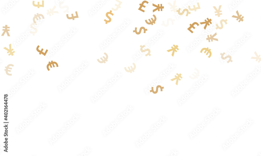 Euro dollar pound yen gold icons scatter money vector design. Income concept. Currency pictograms