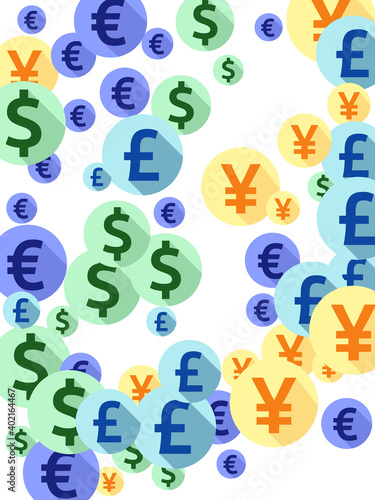Euro dollar pound yen round symbols scatter currency vector illustration. Deposit backdrop.