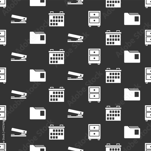 Set Drawer with documents, Document folder, Office stapler and Calendar on seamless pattern. Vector.