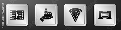 Set Restaurant cafe menu, Online ordering and delivery, Slice of pizza and Online ordering burger delivery icon. Silver square button. Vector.