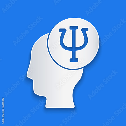 Paper cut Psychology icon isolated on blue background. Psi symbol. Mental health concept, psychoanalysis analysis and psychotherapy. Paper art style. Vector.