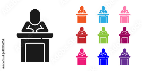 Black Speaker icon isolated on white background. Orator speaking from tribune. Public speech. Person on podium. Set icons colorful. Vector.