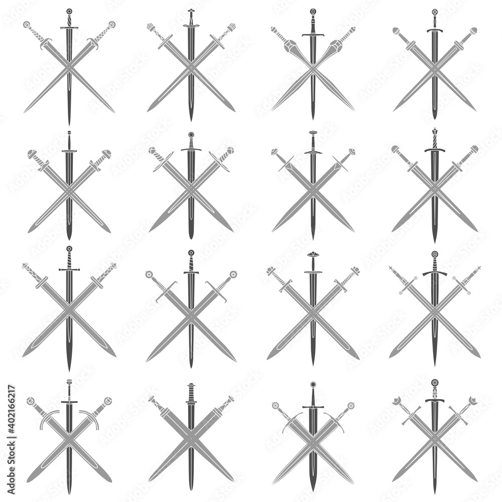 Set of simple bicolor vector images of three crossed swords. Stock ...