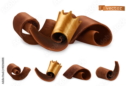 Chocolate shavings with gold crown 3d realistic set. Vector objects food illustration