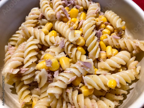 Tuna and sweetcorn pasta salad made with spiralled fusilli pasta. photo