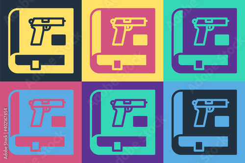 Pop art Book with pistol or gun icon isolated on color background. Police or military handgun. Small firearm. Weapon catalog. Vector.