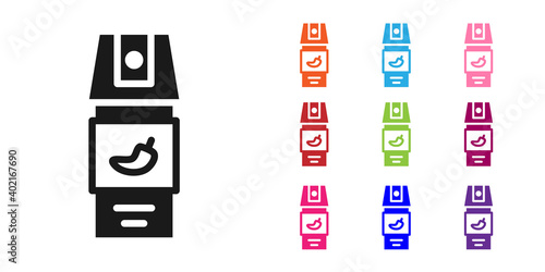 Black Pepper spray icon isolated on white background. OC gas. Capsicum self defense aerosol. Set icons colorful. Vector.