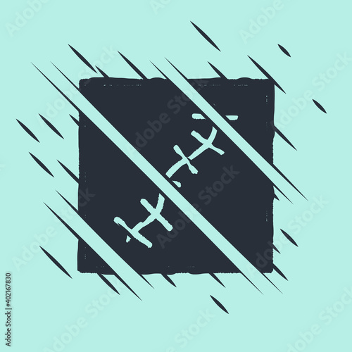 Black Scar with suture icon isolated on green background. Glitch style. Vector.
