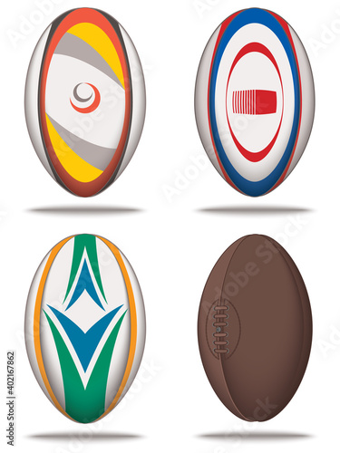 rugby sport league and union, set of four balls including a vintage ball isolated on a white background
