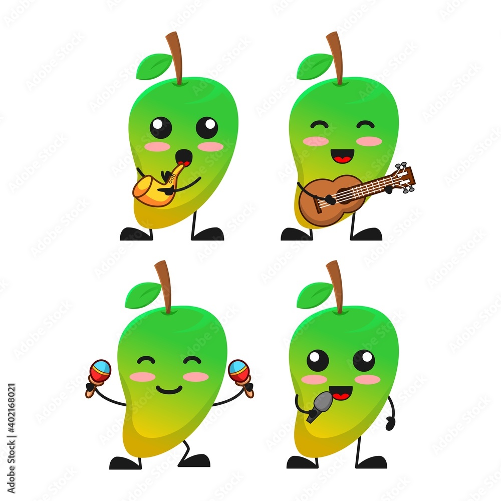 Obraz premium vector illustration of cute mango fruit playing music theme bundle set. cute mango fruit Concept White Isolated. Flat Cartoon Style Suitable for Landing Page, Banner, flyer, Sticker.