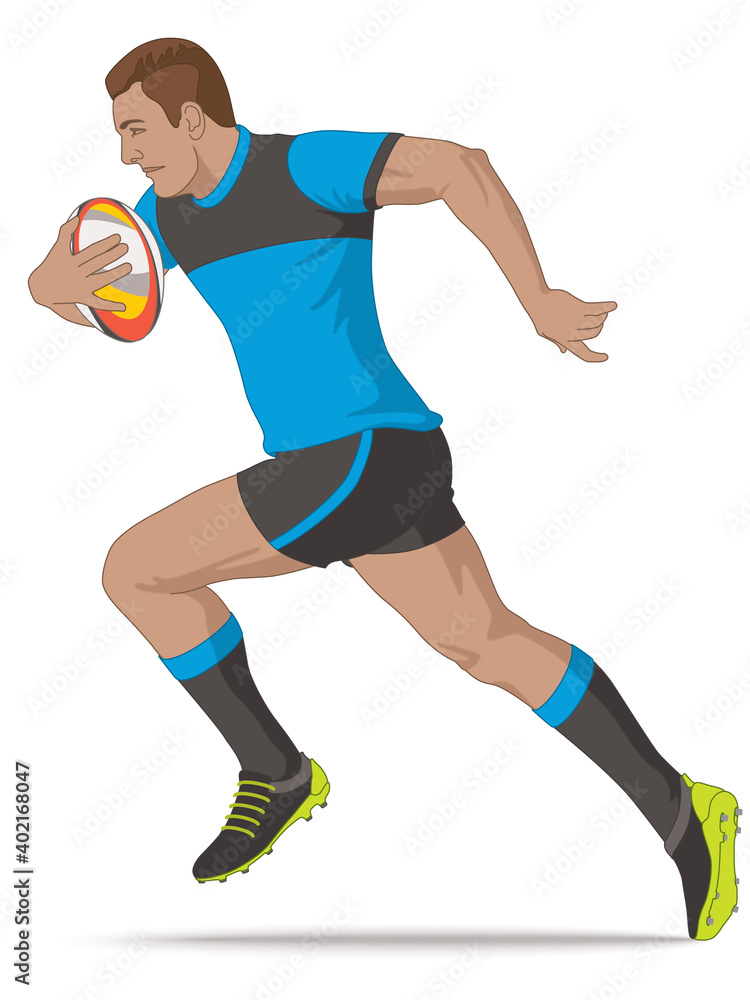 rugby sport league and union player, male running with ball isolated on a white background