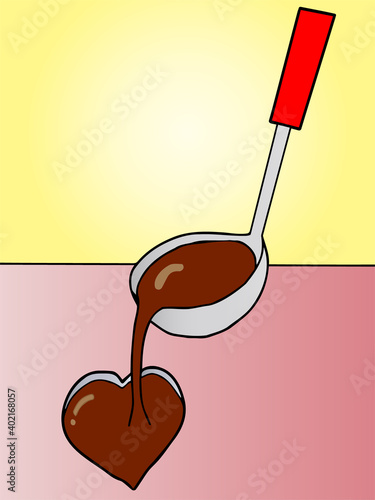バレンタインチョコレート作り（おたまで型にチョコを流し込む作業）