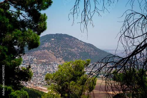 Konstfotografi Through the pine branches a view of Tavor mount and Shibli village in Israel in